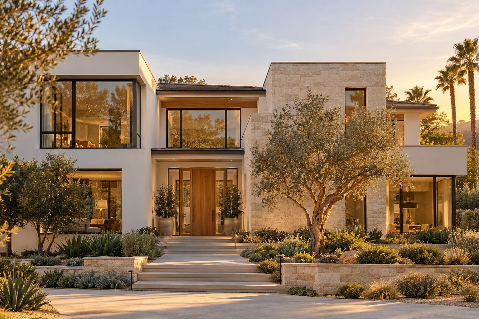 Architectural concept of a contemporary California home with natural landscaping